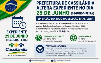 Imagem da notícia Cassilândia altera expediente e suspende aulas da tarde por jogo do Brasil na Copa
